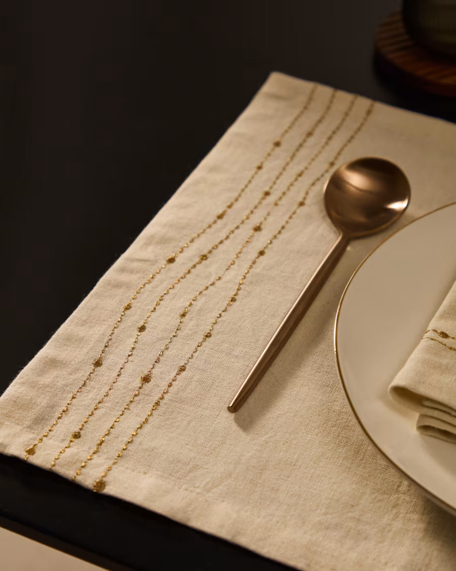 Set Flia di 2 tovagliette in lino e cotone bianco con dettaglio ricamato di lurex dorato