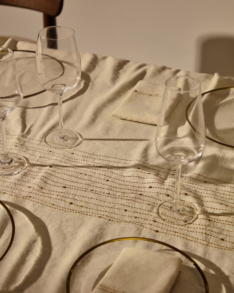 Tovaglia Flia in lino e cotone bianco con dettaglio ricamato di lurex dorato 250 X 150 cm