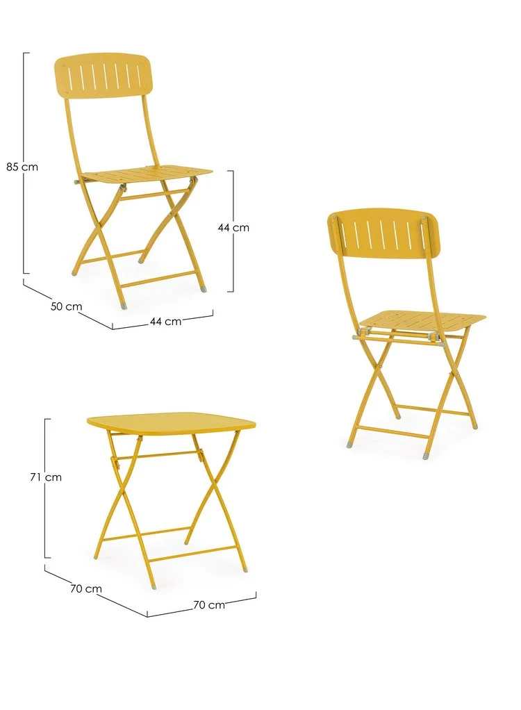 Set bistrot YVONNE con tavolo e 2 sedie in acciaio giallo ocra