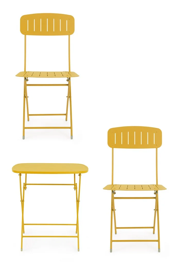 Set bistrot YVONNE con tavolo e 2 sedie in acciaio giallo ocra