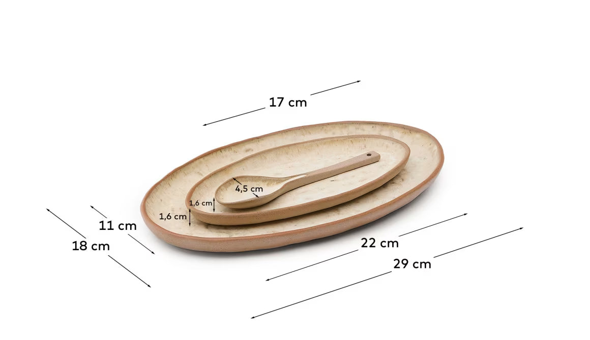 Set Zunel di 2 piatti e 1 cucchiaio in ceramica beige