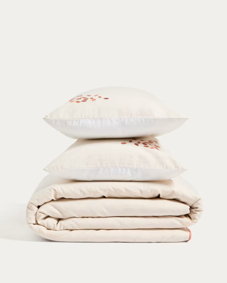 Set Virelda con copripiumino e federa in cotone e lino beige con ricamo, per letto da 90 cm