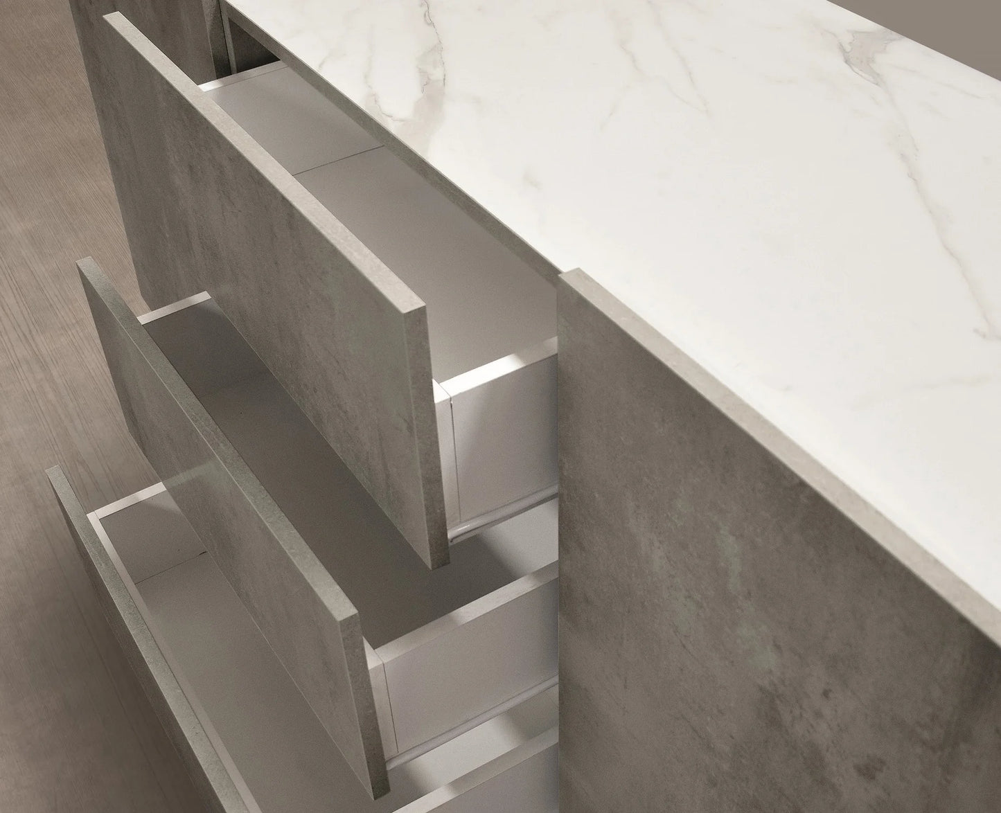 Credenza FAVIGNANA in legno, finitura in grigio cemento, piano effetto marmo statuario, 200×50 cm