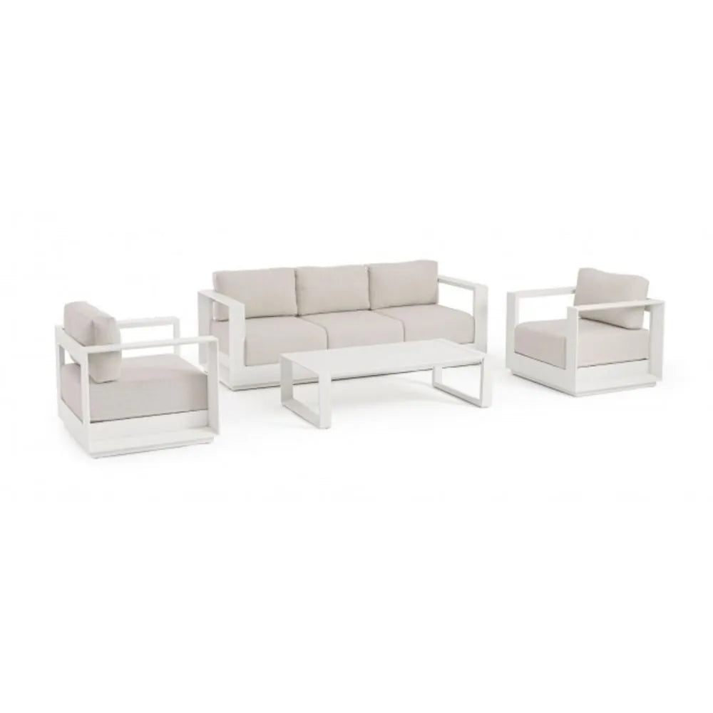 Set salotto MOSES con 1 divano, 2 poltrone e 1 tavolino in alluminio bianco panna