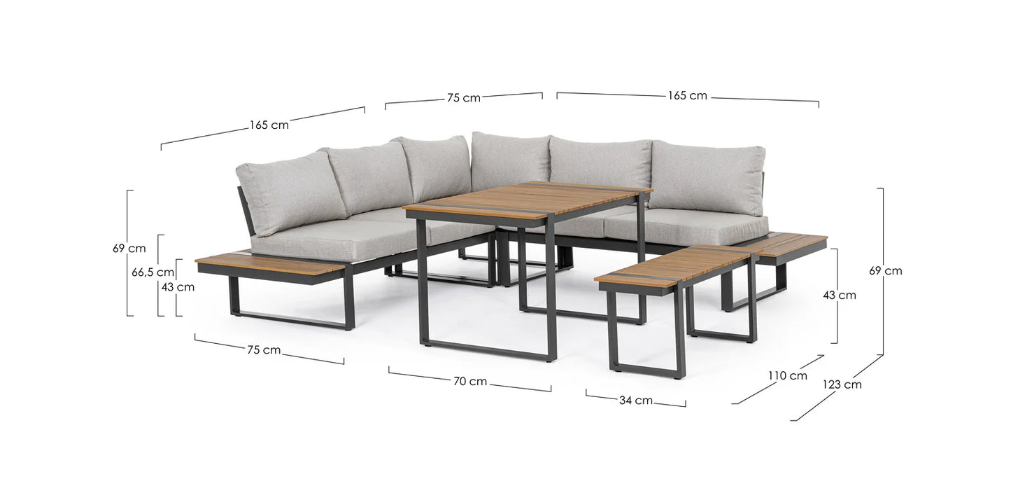Set salotto angolare SVEN in alluminio antracite e tessuto tortora