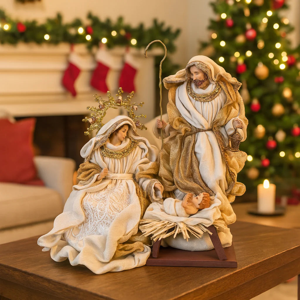 Natività completa EMMAUS in tessuto Champagne h 36 cm