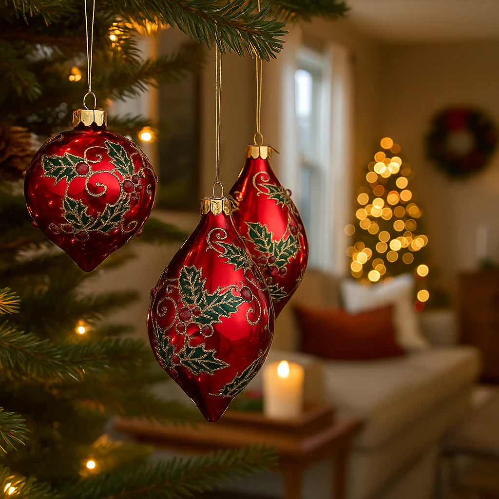 Set 6 pezzi Pendagli per albero di Natale in vetro decorato colore rosso