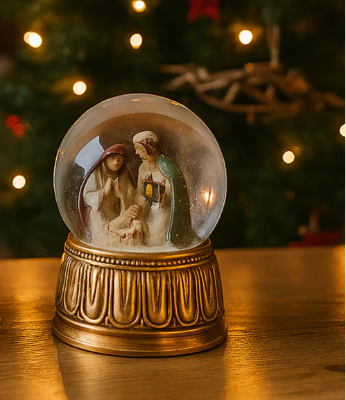 Sfera d'acqua con natività in preghiera e carillon h 14,5 cm