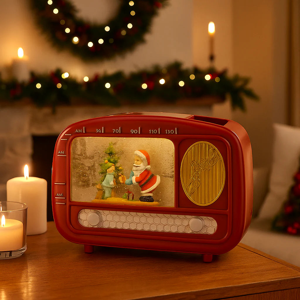 Radio natalizia con acqua con compresi led luminosi  alta 15,5 cm