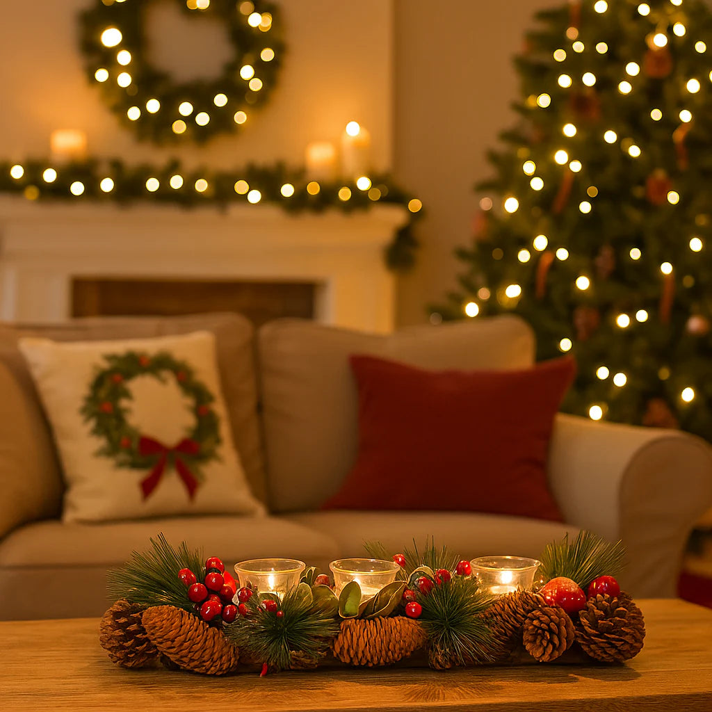 Portacandela rettangolare di Natale fatta di bacche e pigne per 4 candele da 47 cm