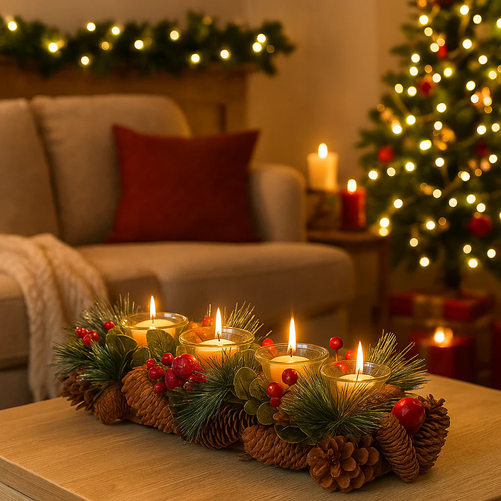 Portacandela rettangolare di Natale fatta di bacche e pigne per 4 candele da 47 cm