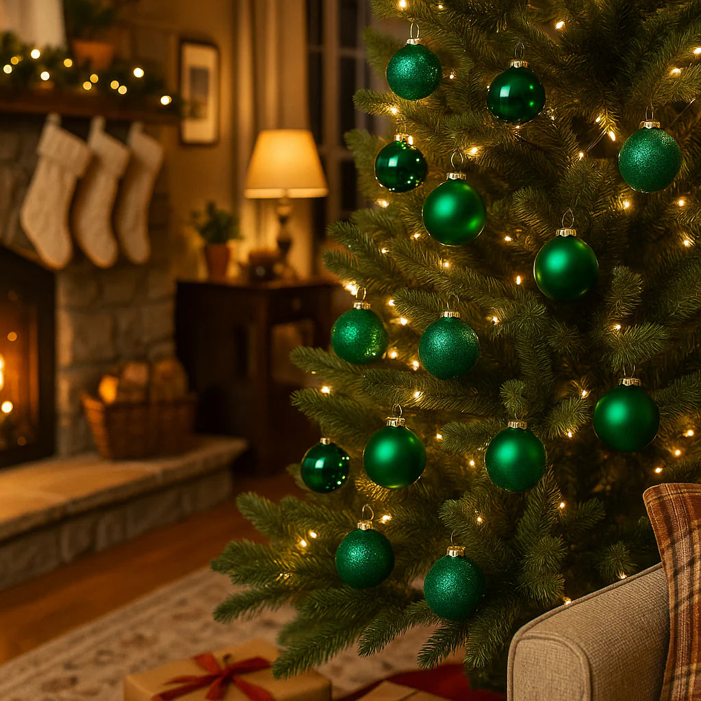 Palline in vetro color Verde Scuro pendagli misti decorati - confezione 9 da 6 cm