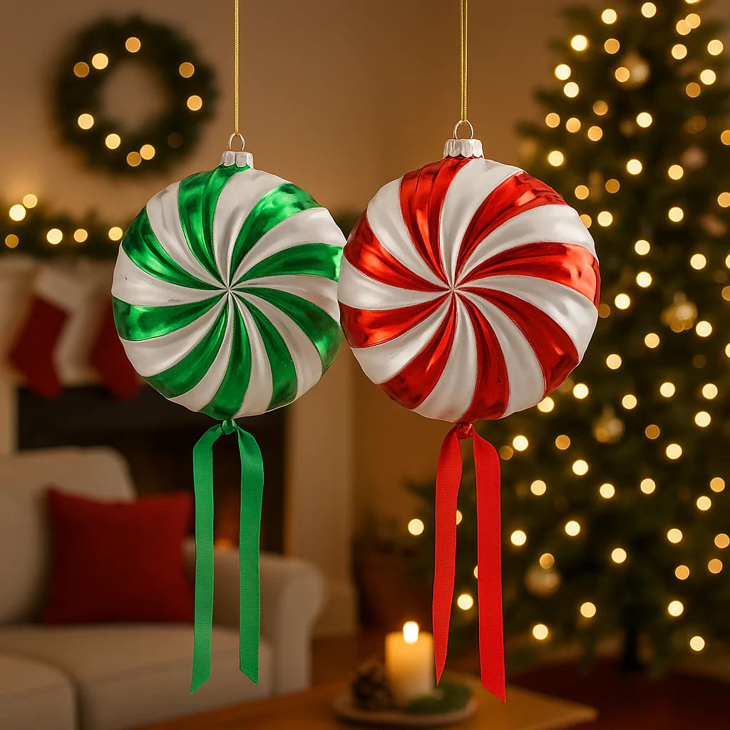 Decorazione caramella a girella in vetro rosso di 17 cm pallina natalizia