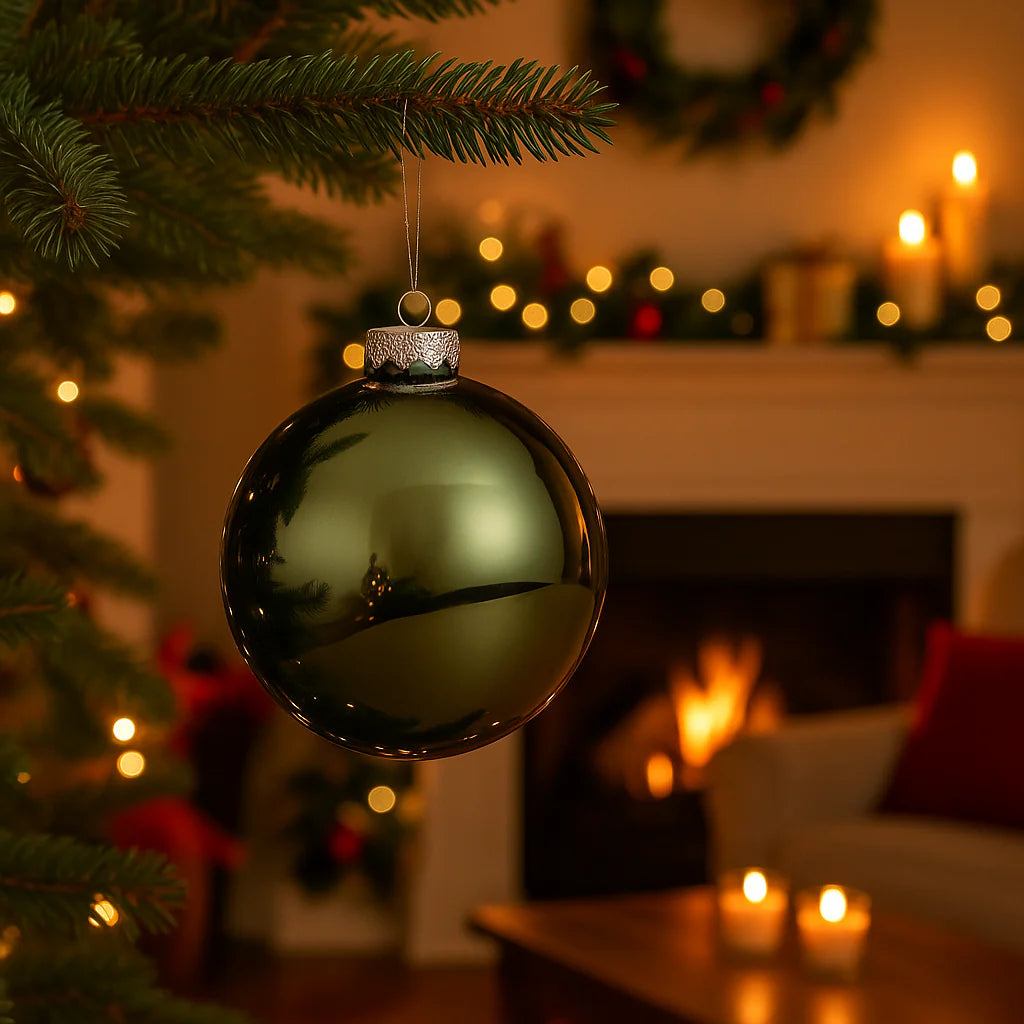 Palline in vetro decorate color Verde Cinabro Lucido - Confezione 6 da 6 cm