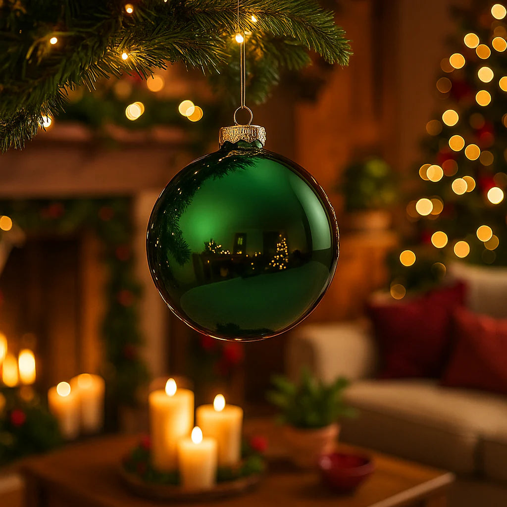 Palline in vetro decorate color Verde Allegro Lucido - Confezione 8 da 7 cm