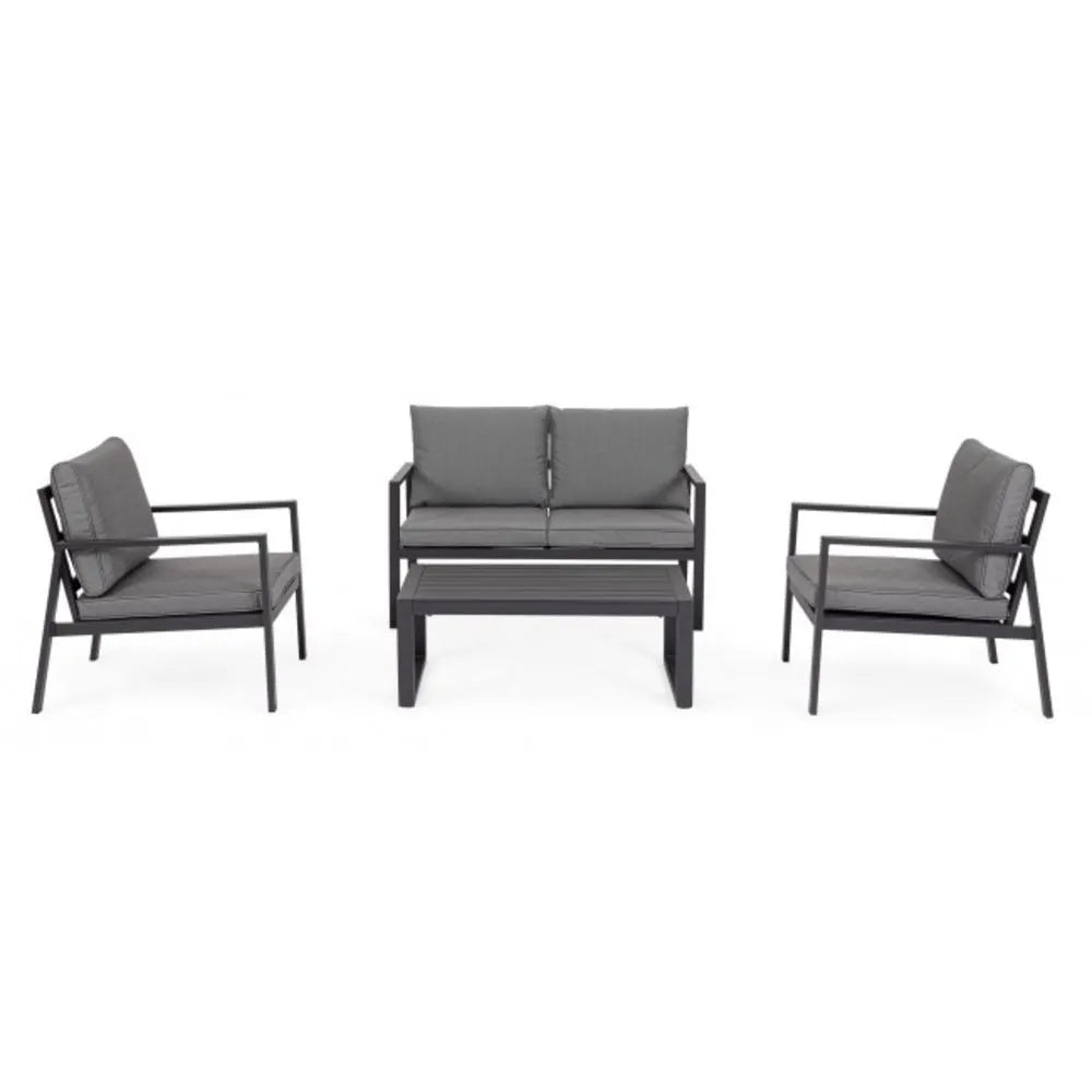 Set salotto HILDE con 1 divano, 2 poltroncine e 1 tavolino in alluminio antracite, con cuscini