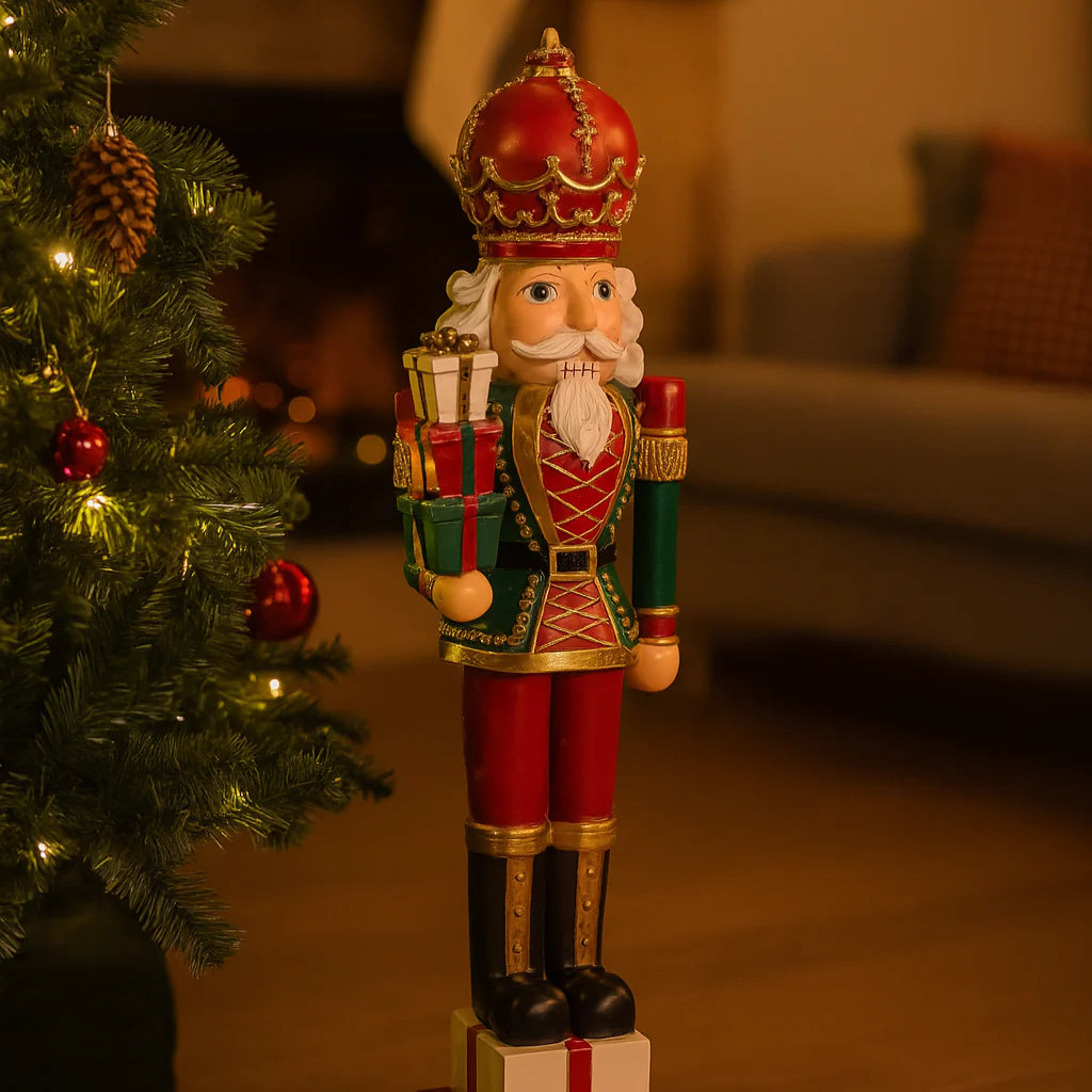 Statuetta soldato schiaccianoci con pacchi in resina h 51 cm