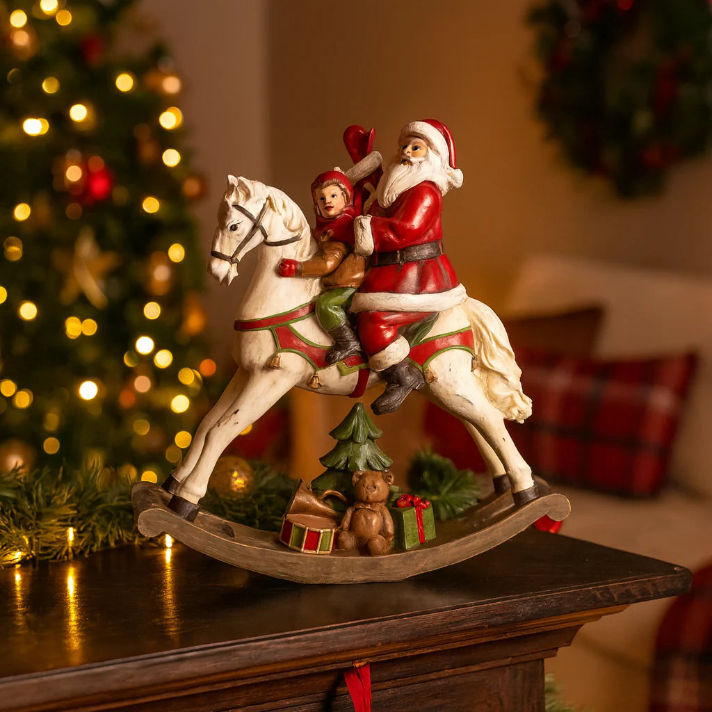 Statuetta Cavallo a dondolo con Babbo Natale in poli-resina