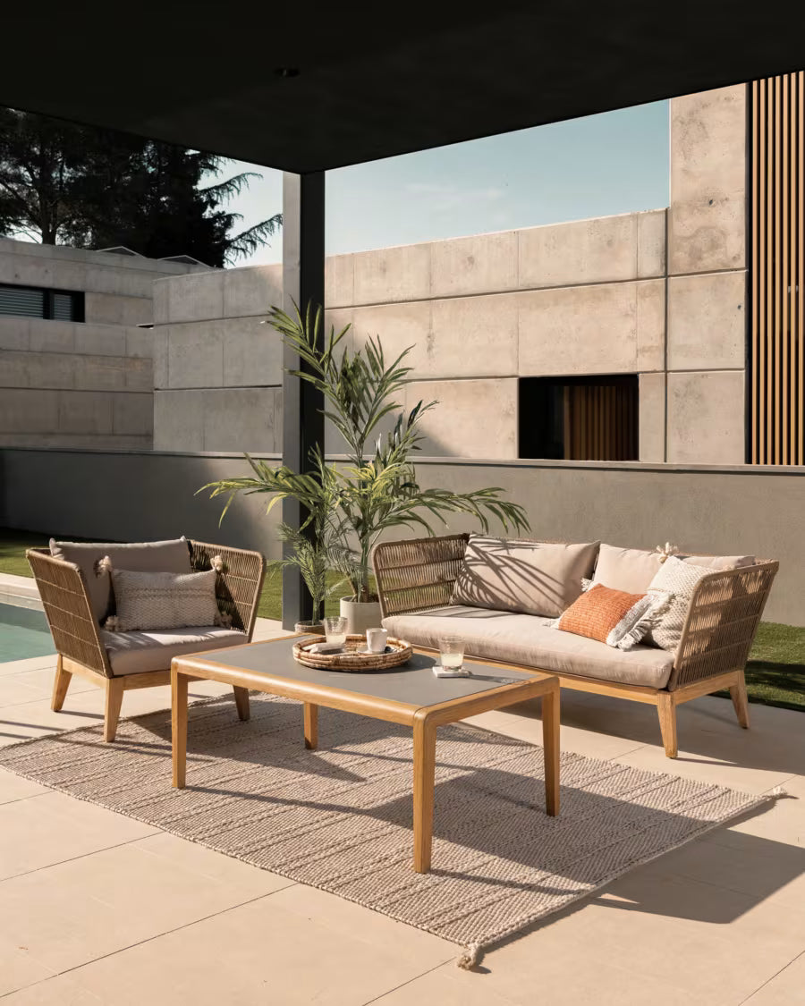 Divano Belleny 3 posti corda beige e legno massello di acacia 176 cm