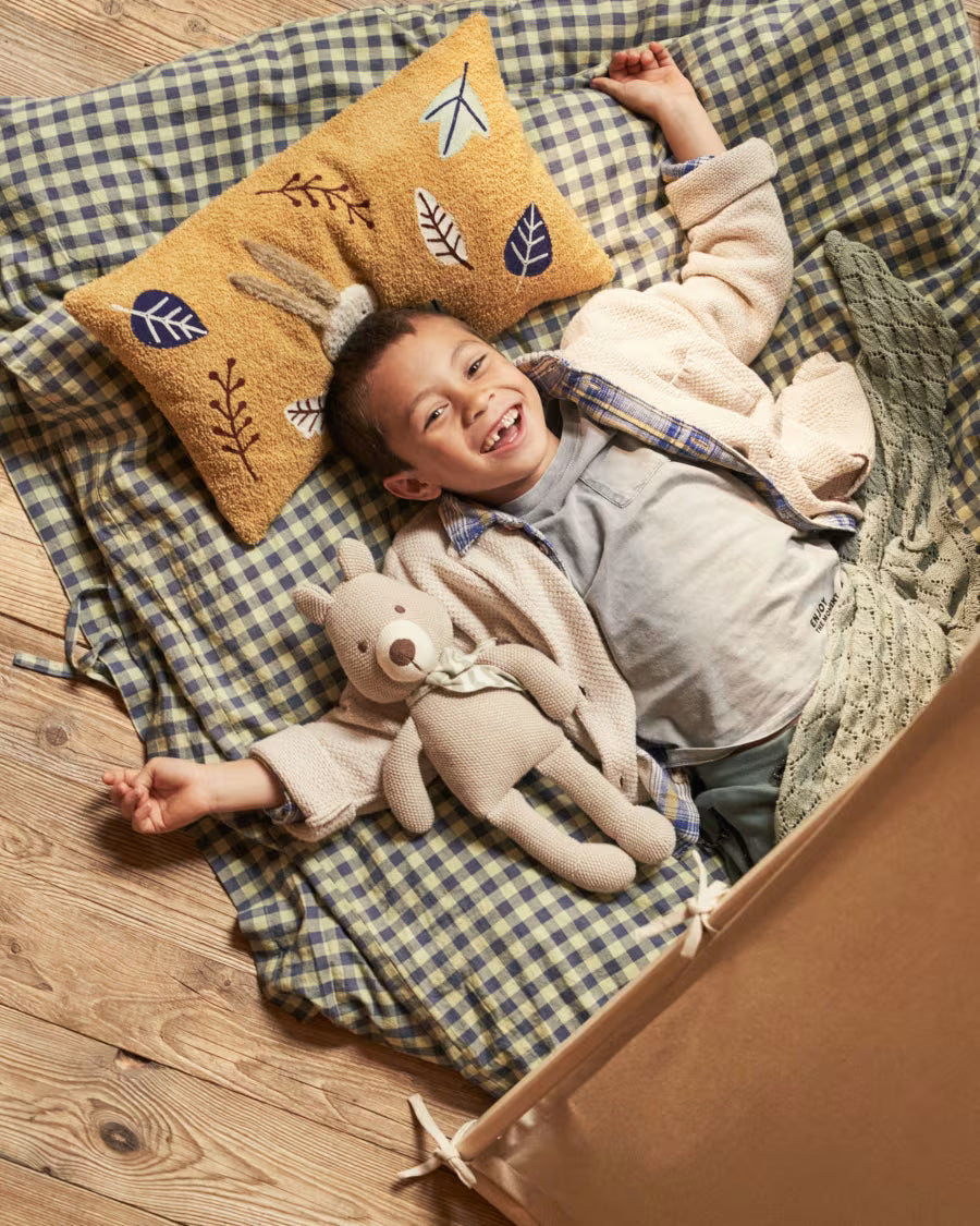 Set Yanil copripiumino, lenzuolo con angoli e federa 100% cotone a quadrati verde e blu 60x120cm