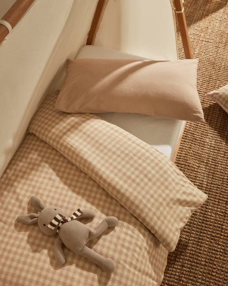Set Yanil copripiumino, lenzuolo con angoli e federa 100% cotone a quadrati rosa e beige 70x140cm