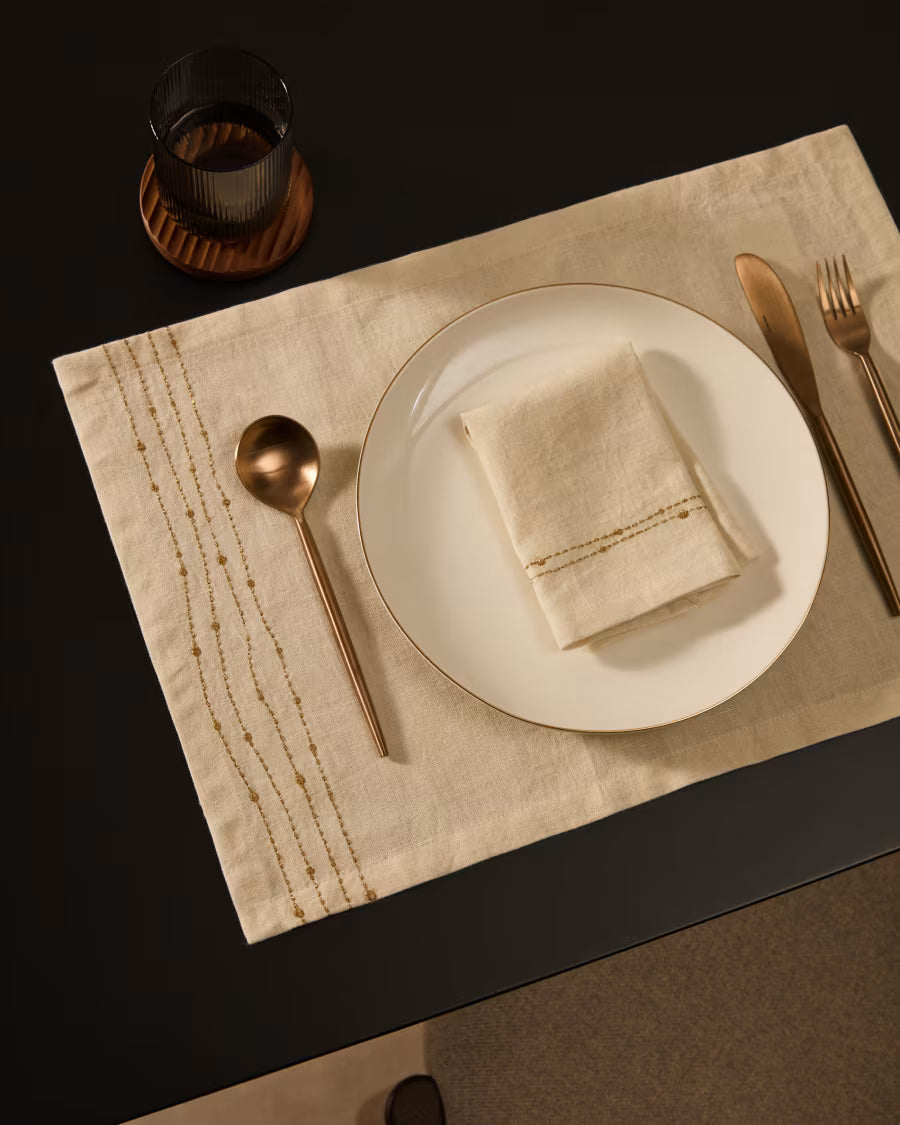 Set Flia di 2 tovaglioli in lino e cotone bianco con dettaglio ricamato di lurex dorato