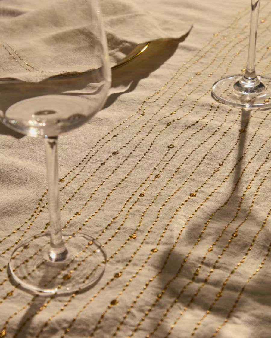 Tovaglia Flia in lino e cotone bianco con dettaglio ricamato di lurex dorato 250 X 150 cm