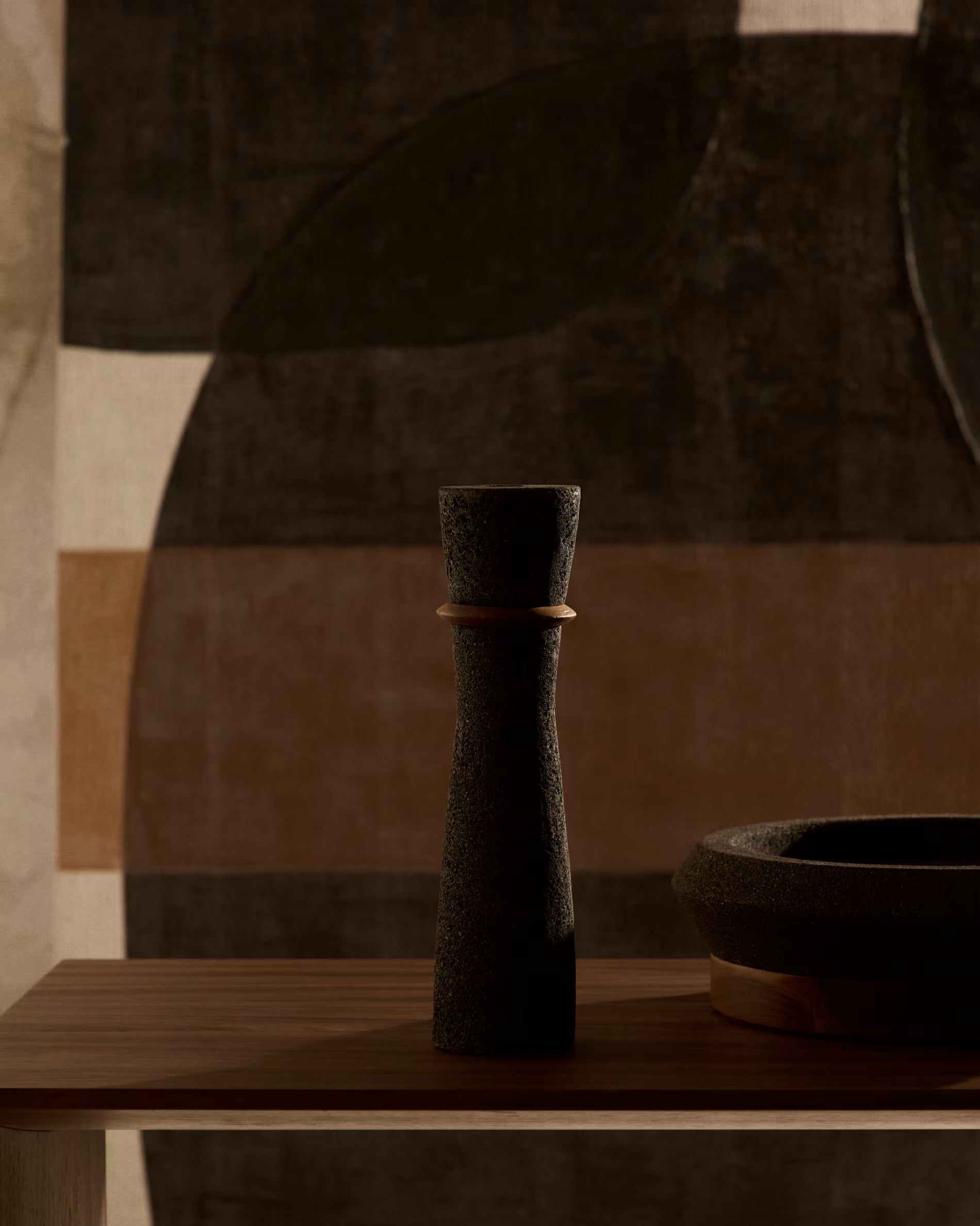 Vaso Naro in pietra nera e legno di teak 30 cm