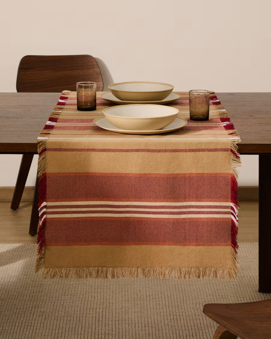 Runner da tavola Davia in 100% cotone rosso a righe con frange 50 x 150 cm