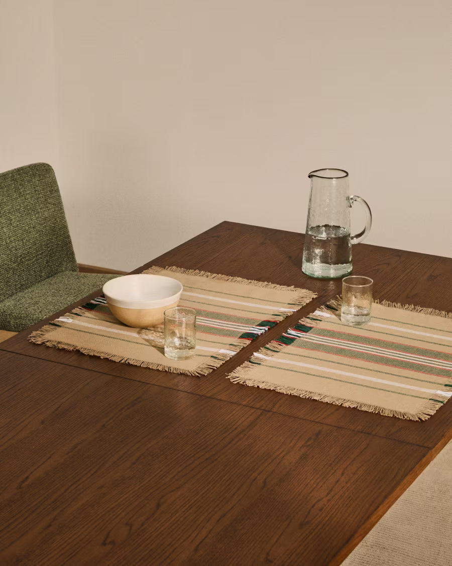 Set di 2 tovagliette Davia 100% cotone verde a righe con frange 35 x 50 cm