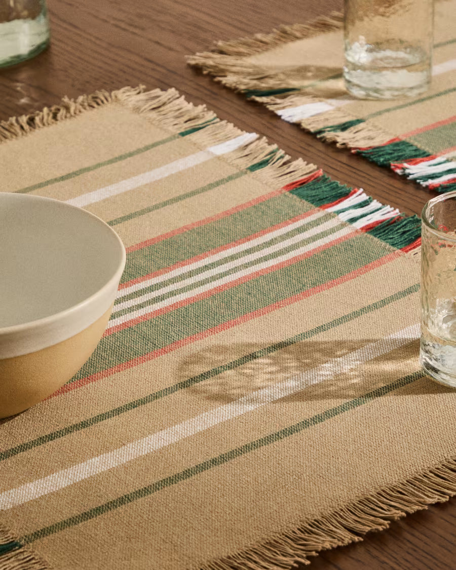 Set di 2 tovagliette Davia 100% cotone verde a righe con frange 35 x 50 cm