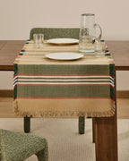 Runner da tavola Davia in 100% cotone verde a righe con frange 50 x 150 cm