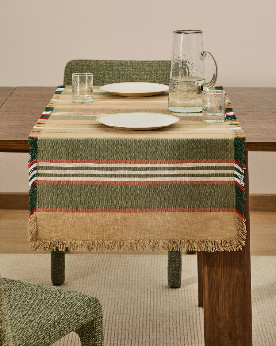 Runner da tavola Davia in 100% cotone verde a righe con frange 50 x 150 cm