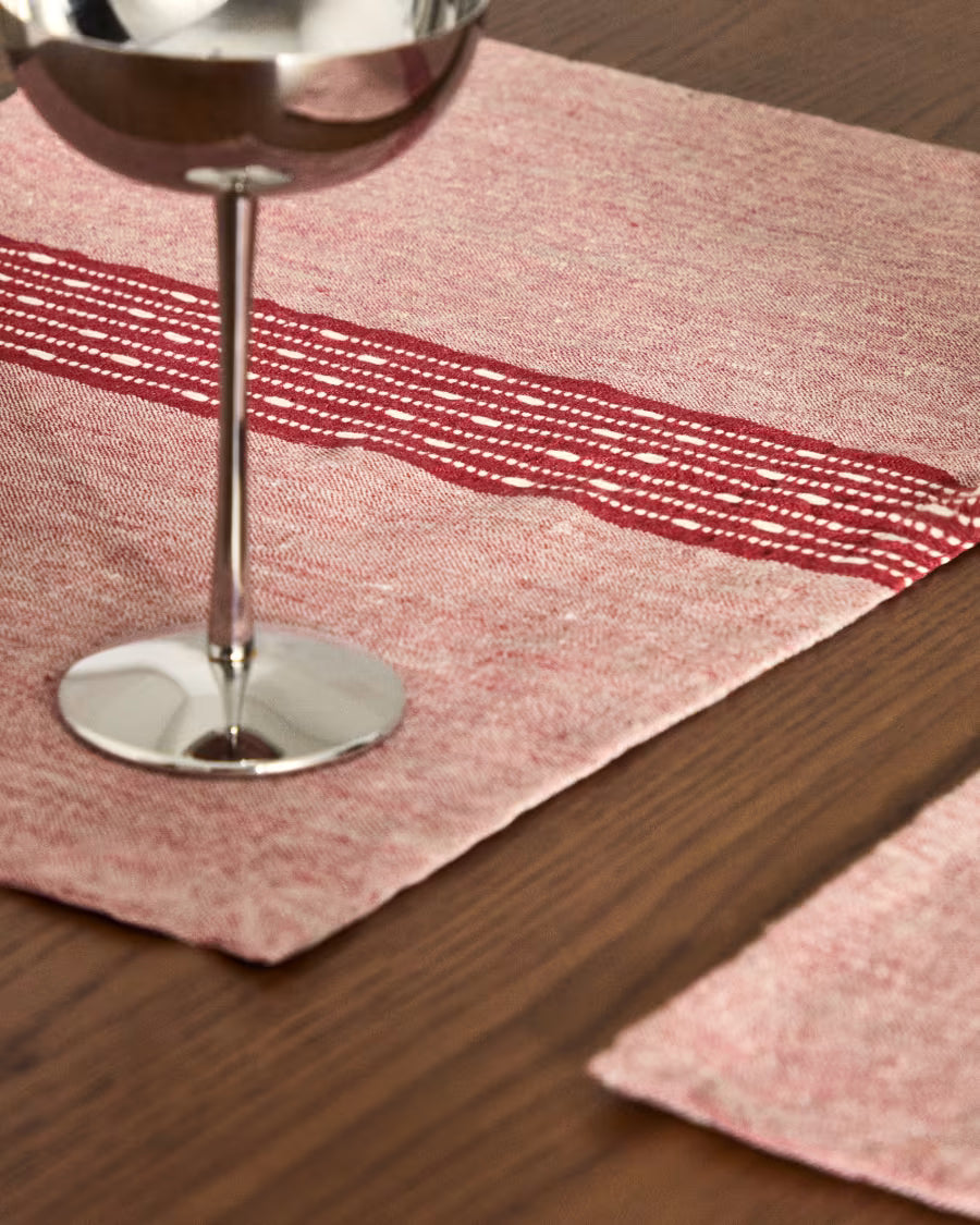 Set Calena di 2 tovagliette in jacquard di lino con riga centrale rossa 35 x 50 cm
