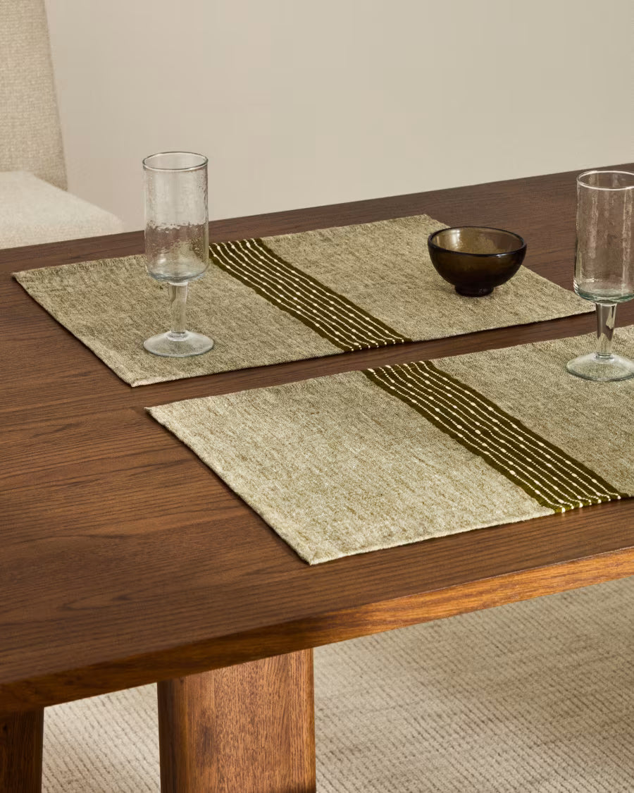 Set Calena di 2 tovagliette in jacquard di lino con riga centrale verde 35 x 50 cm