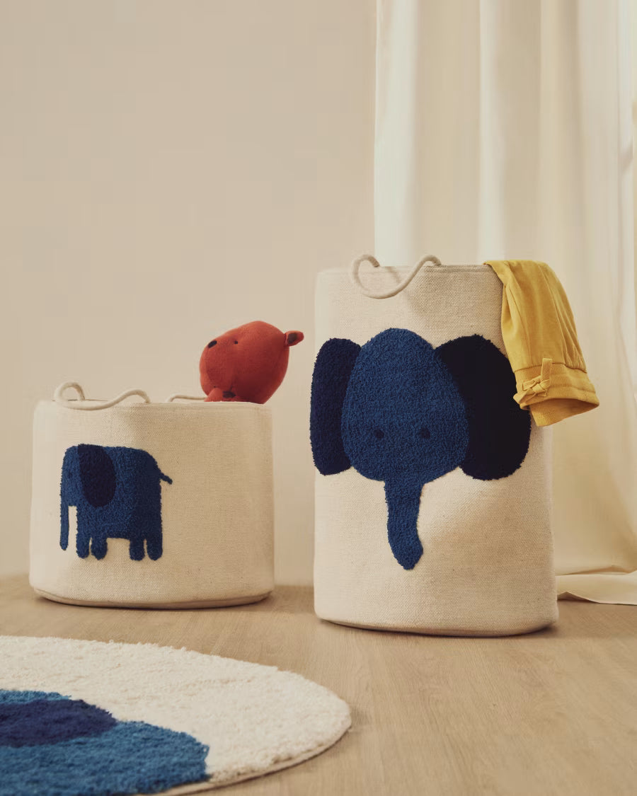 Cesta Tandani in cotone beige con elefante blu 50 cm