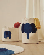Cesta Tandani in cotone beige con elefante blu 50 cm