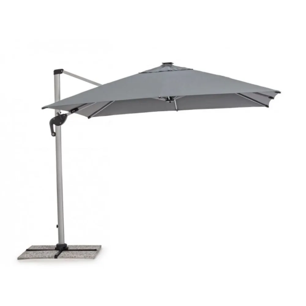 Ombrellone a braccio INES con luci LED in alluminio anodizzato e telo grigio scuro 3×4