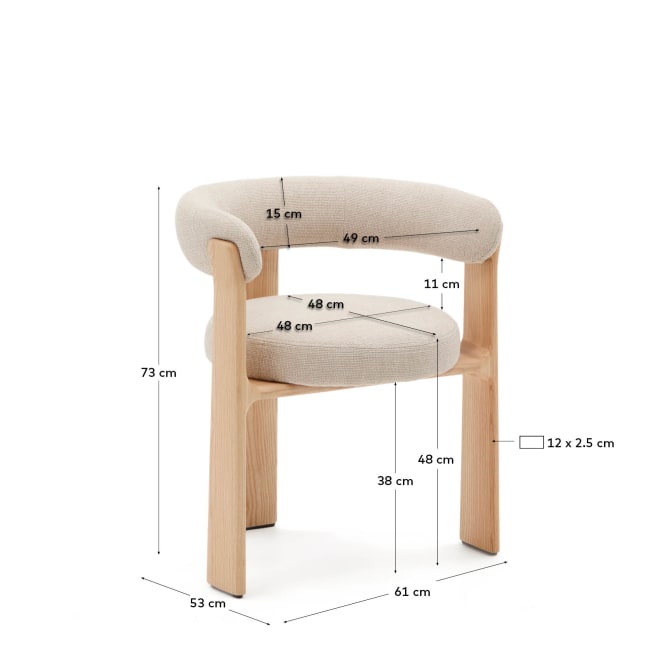 Sedia Granite 3 gambe in ciniglia beige e legno massello frassino finitura tono naturale