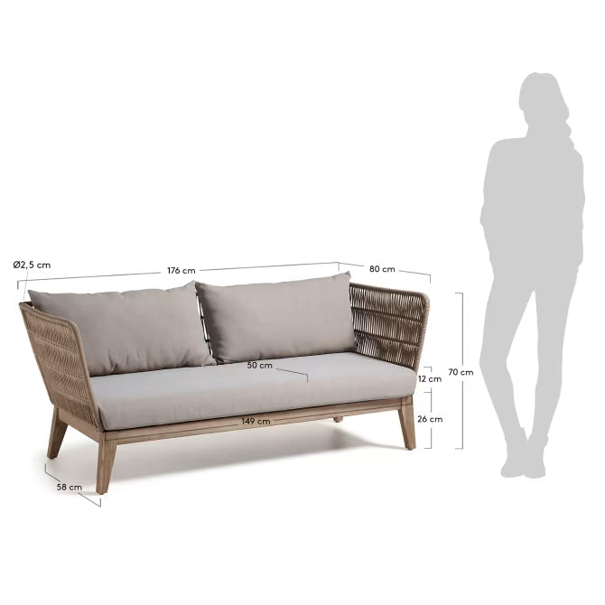 Divano Belleny 3 posti corda beige e legno massello di acacia 176 cm