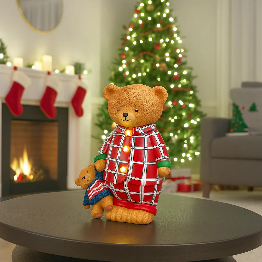 Orsetto con pigiama e peluche, decorazione natalizia con Led per interno, da 24 cm