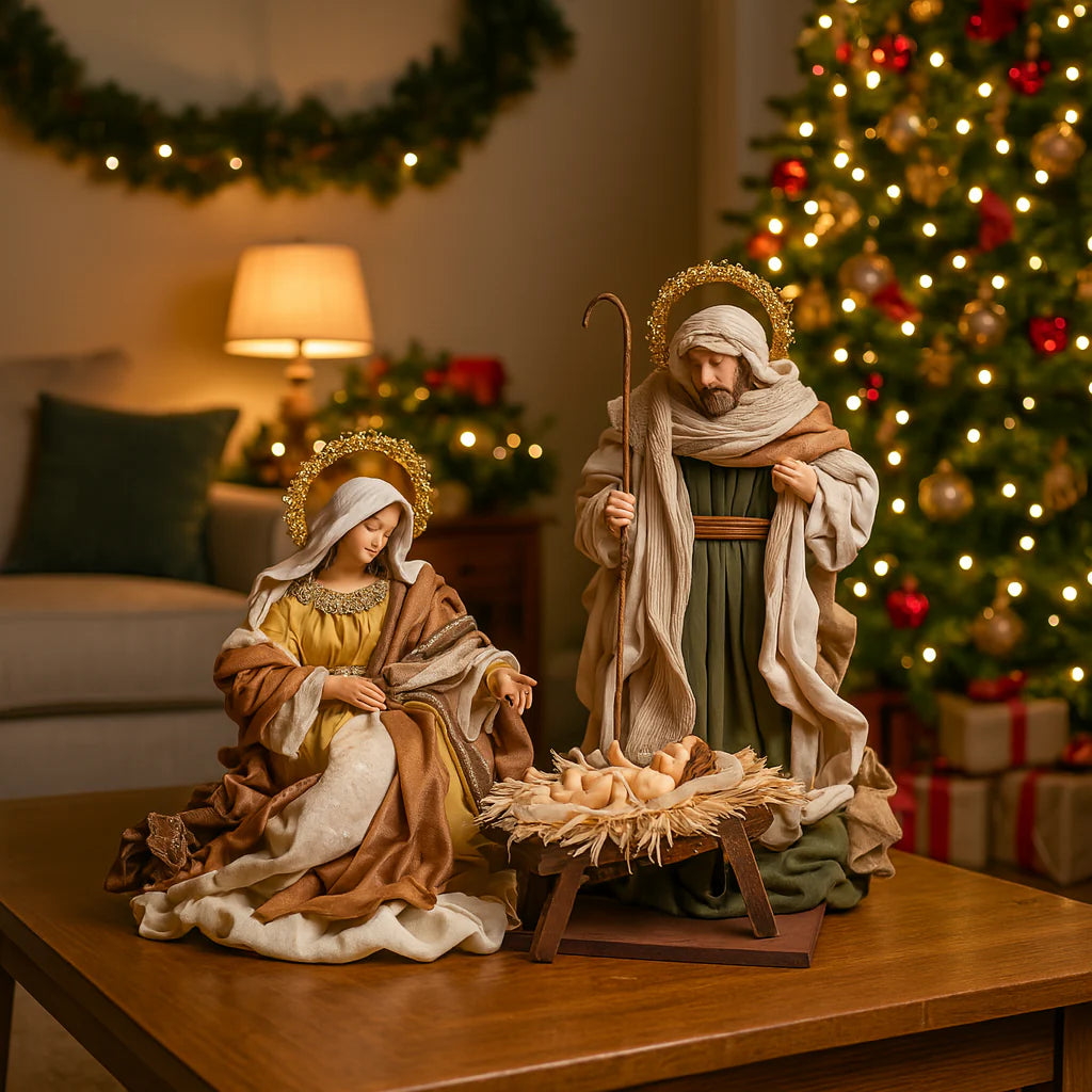 Natività BETANIA in Tessuto Verde e Oro  h 36 cm