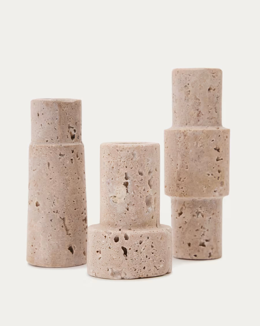 Set Majid di 3 candelabri in travertino beige