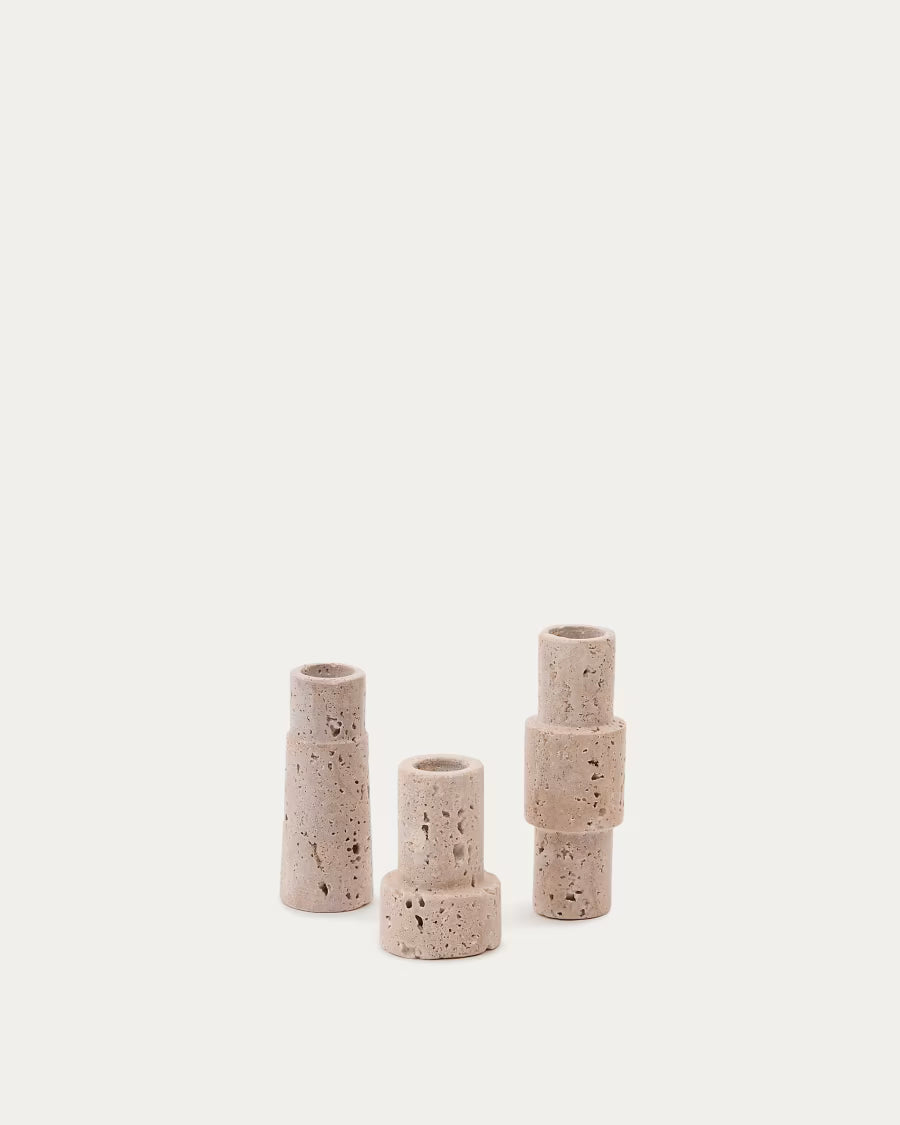 Set Majid di 3 candelabri in travertino beige
