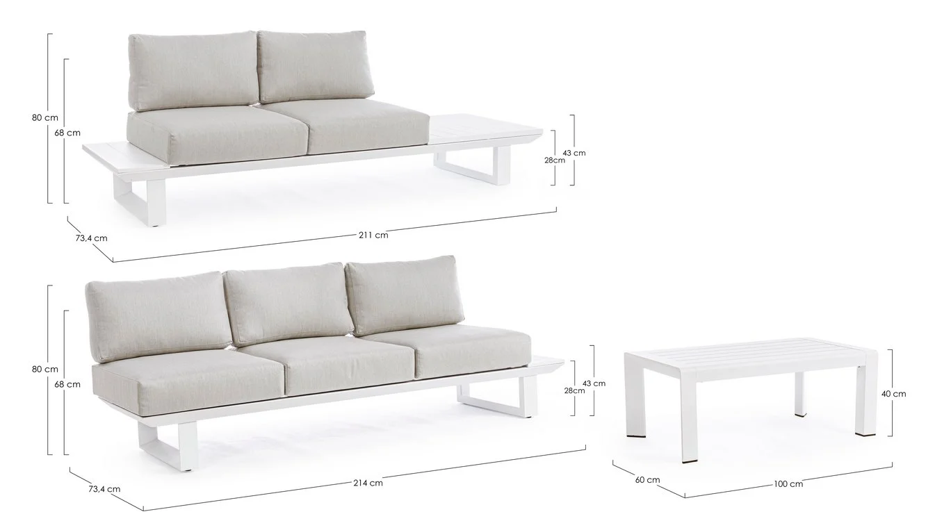 Set salotto KONNOR con 2 divani e 1 tavolino in alluminio bianco