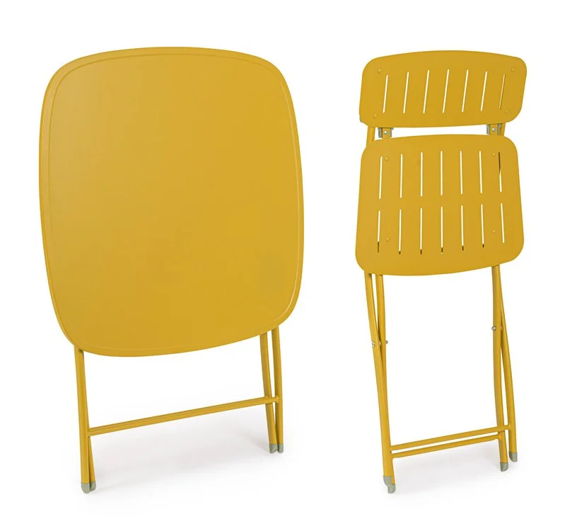 Set bistrot YVONNE con tavolo e 2 sedie in acciaio giallo ocra