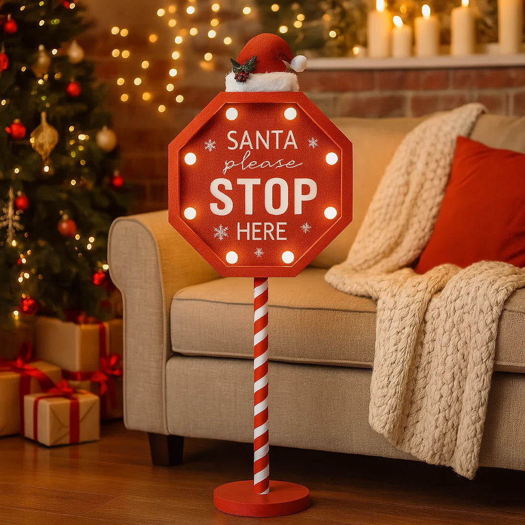 Cartello segnaletico natalizio in legno con luci a batteria