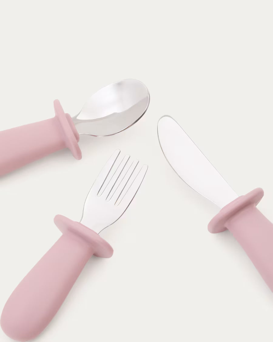 Set Lili cucchiaio, forchetta e coltello in silicone rosa