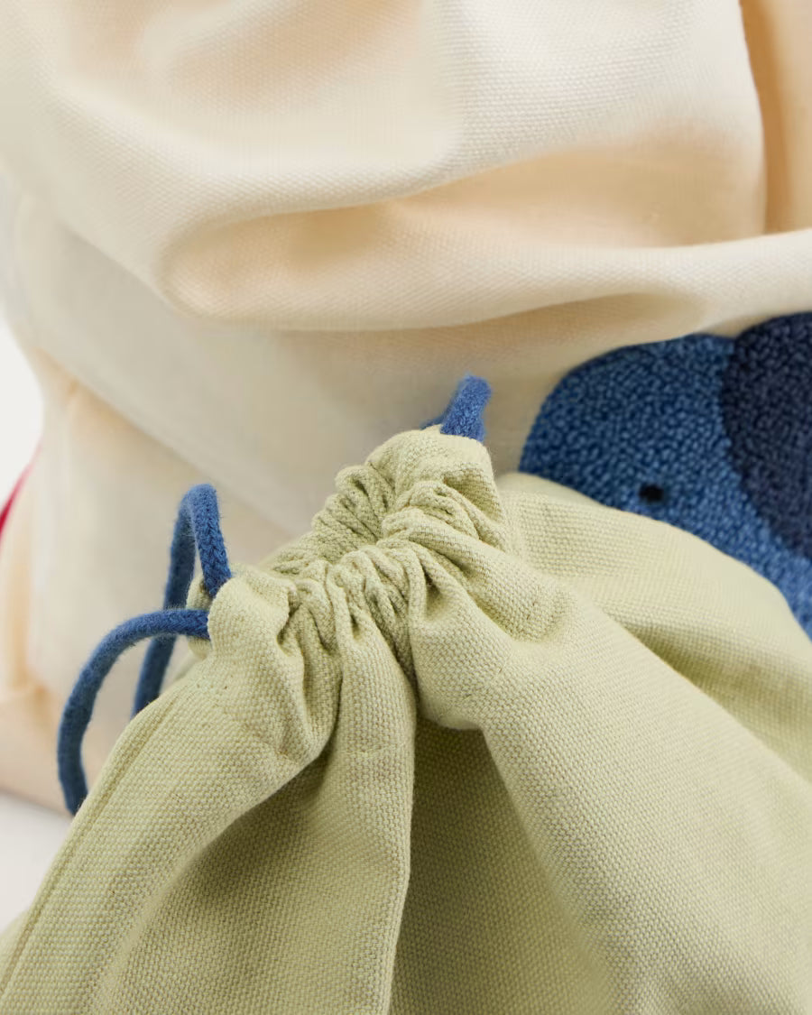 Set Tandani di 2 borse in cotone beige e verde con elefante blu ricamato