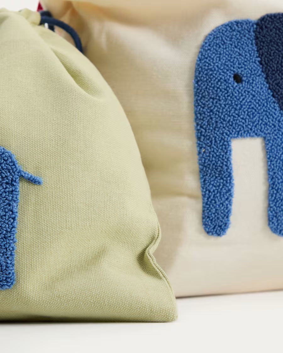 Set Tandani di 2 borse in cotone beige e verde con elefante blu ricamato